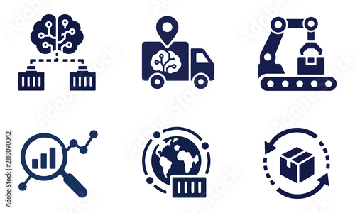 Modern Technology, Artificial Intelligence (AI), and Intelligent Logistics Vector Icon Set for Business Automation