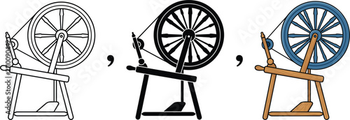 Obraz na płótnie Traditional wooden spinning wheel set vector illustration isolated on white back