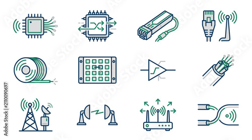 Foto Sleek Modern Icons Collection of Green and Grey Tech Networking and Communicatio