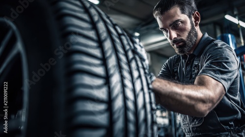 Automotive technician balancing tire, A technician in a garage carefully balancing a tire on a machine