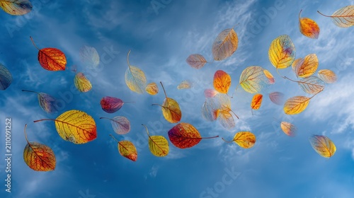 Autumn Leaves Floating in Sky, Colorful autumn leaves gently float against a clear blue sky