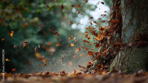 Autumnal Breeze - A flurry of leaves around a tree trunk, Vibrant autumn leaves flutter around the base of a tree trunk
