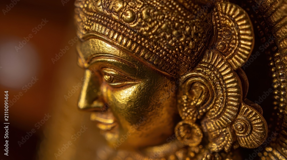 Fototapeta premium Close-up profile view of a golden statue, showcasing intricate details of the face and ornate headpiece. The rich gold hue and detailed carvings evoke a sense of artistry and tradition.