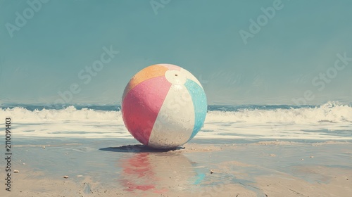 Beach ball, A colorful beach ball resting on the sand, surrounded by a sunny beach scene