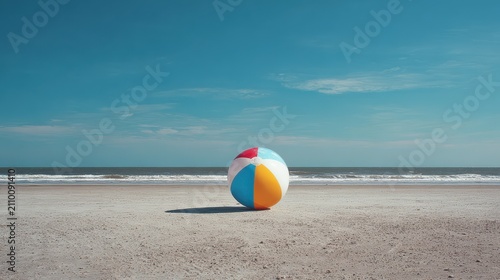 Beach ball, A colorful beach ball resting on the sand, surrounded by a sunny beach scene