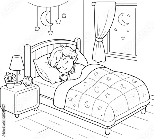 Bild auf Leinwand A serene black and white line art illustration of a young woman peacefully sleep