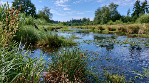 Restored wetland with reeds and shallow pools, returning water birds and disappearing drainage channels in natural vegetation for climate protection