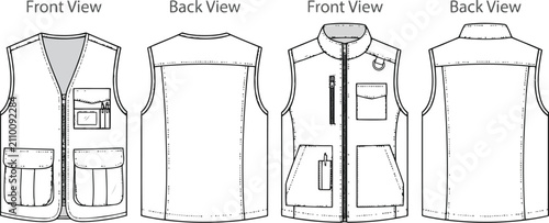 Technical fashion sketch of two utility vests showing front and back views for apparel design and production