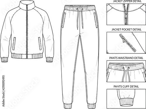 Technical fashion sketch of a tracksuit set with jacket and jogger pants including detailed zoom shots of zippers and waistband construction for apparel design