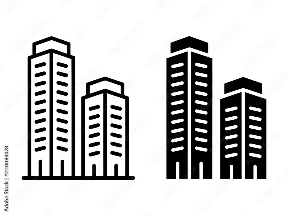 Obraz premium City buildings skyline architecture icon in outline and solid silhouette style. Vector illustration. 