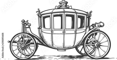 Vintage royal horse drawn carriage illustration in classic black and white