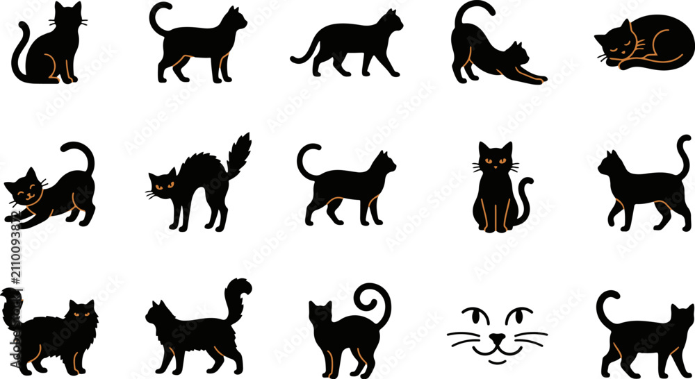 Obraz premium Set of black cat silhouettes in various poses including sitting walking stretching and playing isolated on white background