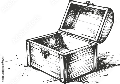 Vintage wooden treasure chest open empty hand drawn pirate box with metal hinges and latch