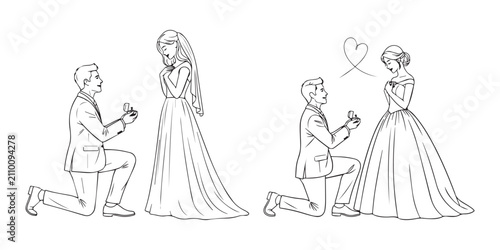 Fotografie Man proposing to bride with two wedding scenes