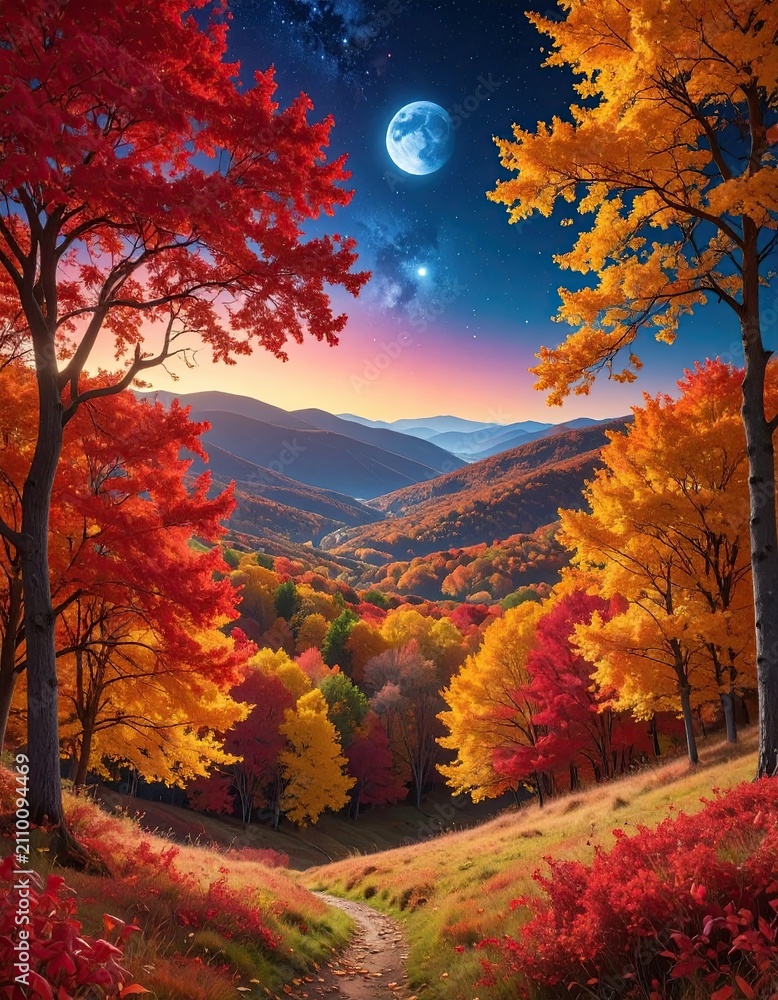 Fototapeta premium Cosmic Autumnal Vista Autumn Forest Landscape With Vibrant Red And Yellow Trees Under Full Moon And Starry Night Sky