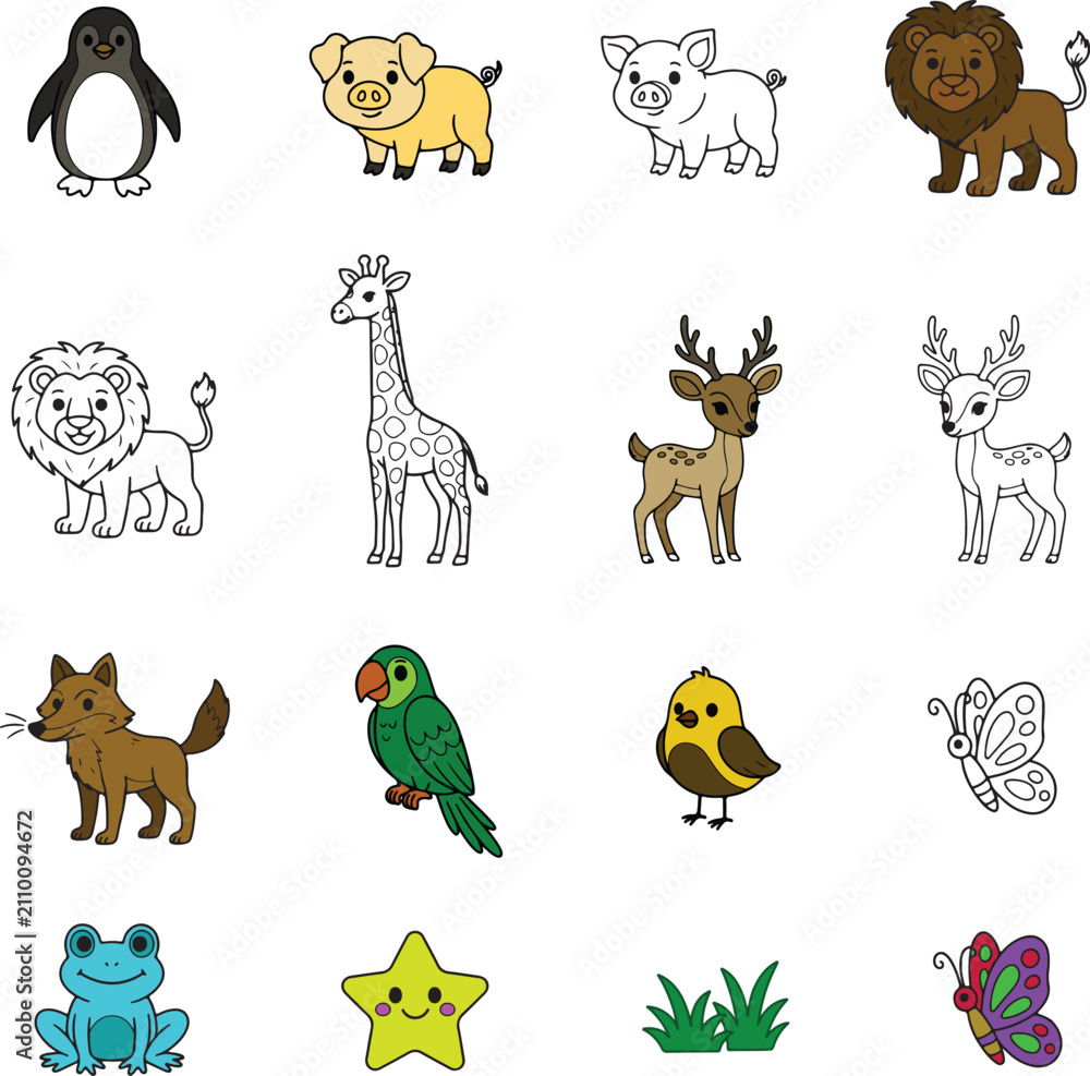 Obraz premium Colorful Animal Kingdom Vector Clipart with Lions, Deer, Birds, and Frog