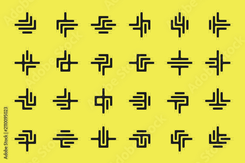 Black Abstract Line Icon Set Yellow Background Symbol Collection