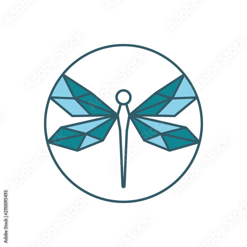 Geometric dragonfly illustration with teal blue wings in circle.