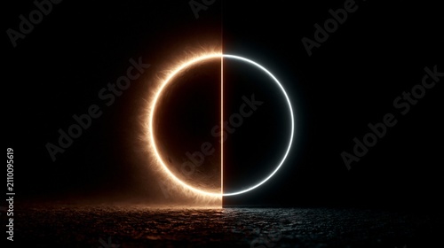 Darkness frames a glowing, split circle
