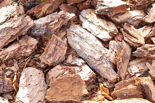 Crushed pine tree bark covers the ground in a thick layer, creating a natural and aesthetic mulching surface. The organic material exhibits a rich texture with various shades of brown and reddish tone