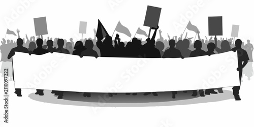 Принти на полотні Protest banner with silhouetted crowd illustration grayscale and white backgroun