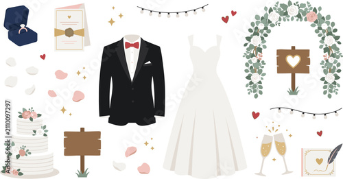 Foto Wedding Event Flat Vector Illustration Set Featuring Tuxedo Groom Suit Bridal Go