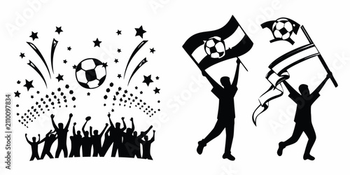 Fotografie Soccer fans silhouette with fireworks and flags black vector illustration on whi