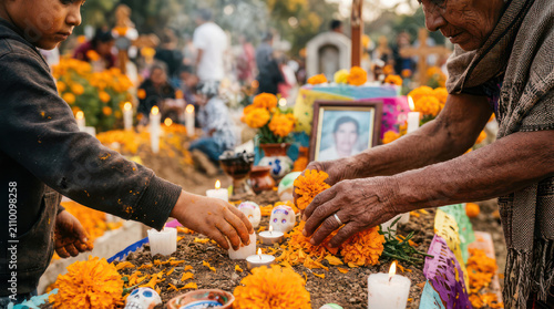 People honoring loved ones at a Day of the Dead altar.