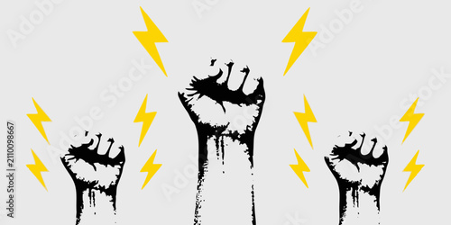 Raised Fists And Lightning Bolts Black Silhouette On A White Background
