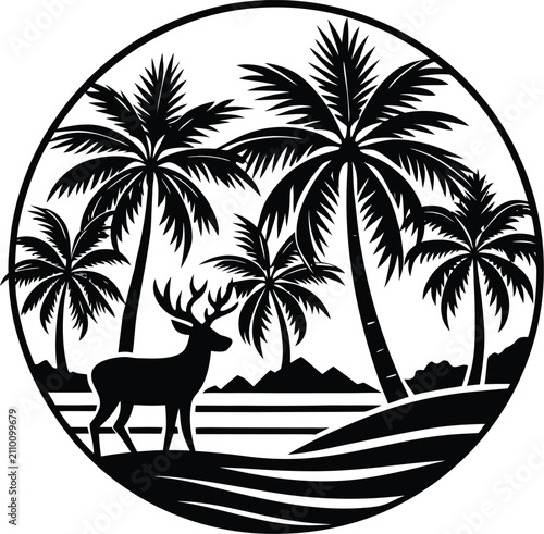 Black Silhouette Of Deer And Palm Trees In Circle Keywords: deer, palm trees, tropical