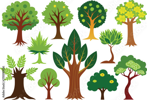 Assortment of Eleven Stylized Cartoon Trees on White Background
