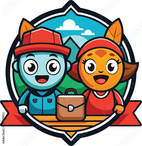 Cartoon boy and girl characters with suitcase in nature scene