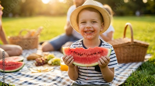 Happy boy eating watermelon at picnic. Child enjoying fresh fruit during summer park outing.
