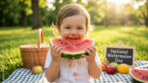 Toddler eating watermelon slice. Happy child enjoying fresh fruit at a summer picnic.