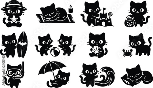Photography Collection of twelve black cat silhouettes enjoying beach and summer vacation ac