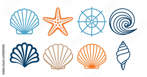 Foto Seashell icons illustrating colorful starfish, sand dollar, scallop, conch shell