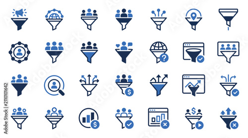 Sales funnel and lead generation strategy icon set with marketing conversion business strategy analysis customer management targeting optimization commercial campaign analytics interface