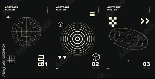 Abstract geometric poster set with wireframe shapes