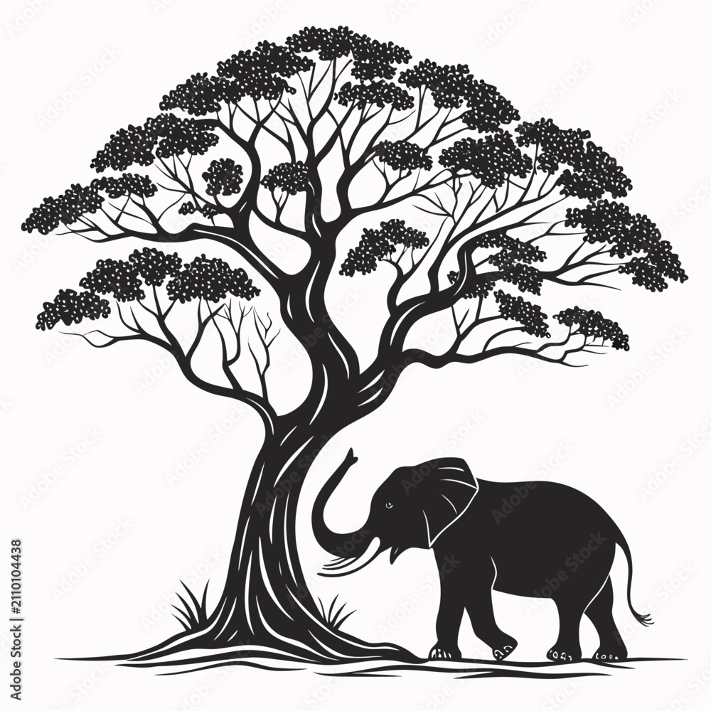 Fototapeta premium Black silhouette of an elephant with trunk raised standing under a large tree elephant silhouette