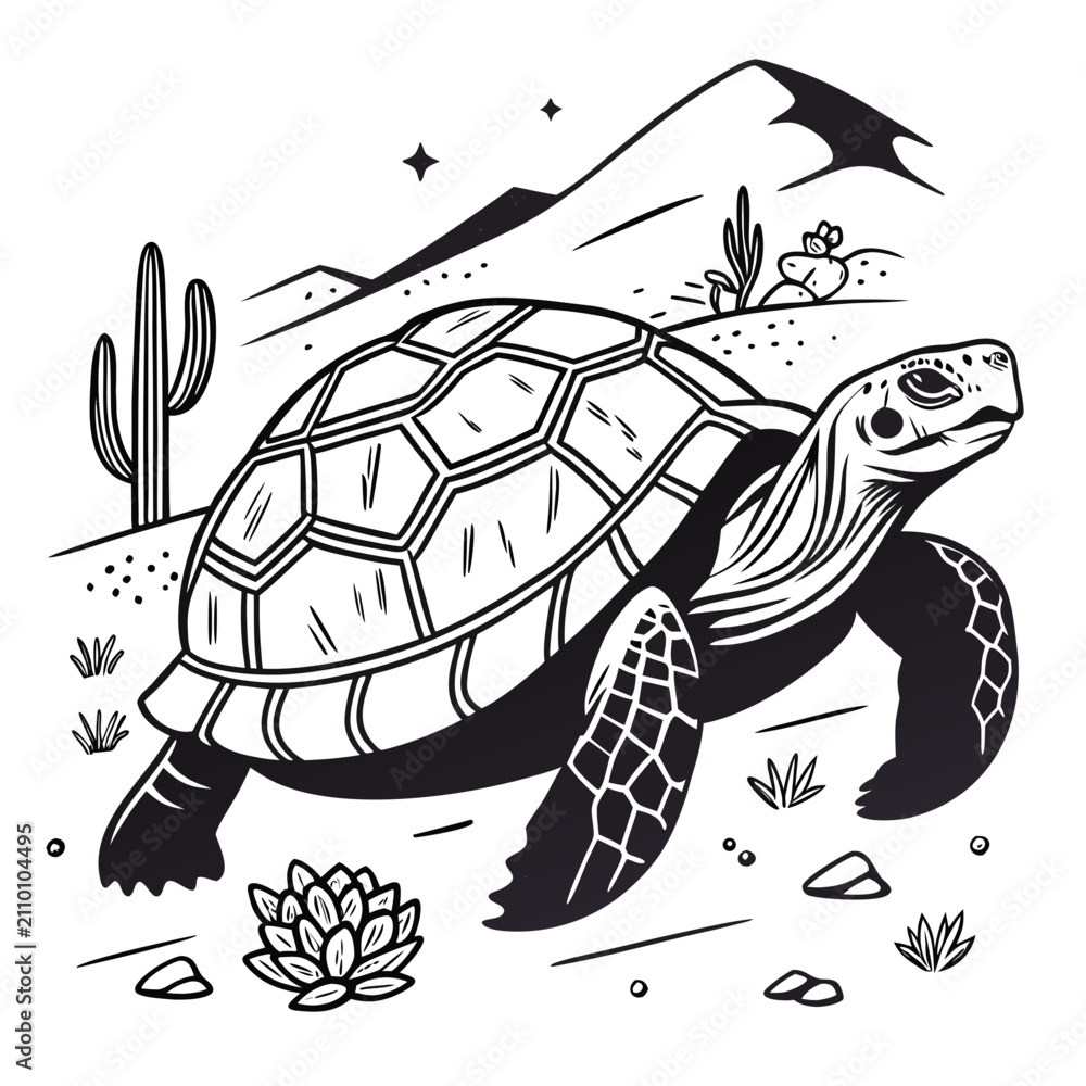 Fototapeta premium Graphic illustration of a tortoise in a desert landscape with cacti and mountains, tortoise