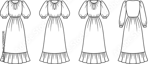 Tableau sur toile Technical fashion flat sketch showing front and back views of long dresses featuring keyhole necklines and puff sleeves