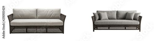 Two modern outdoor wicker sofas isolated on transparent background