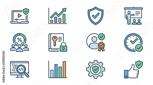 Professional Illustrated Icons Set Featuring Security Growth Training Efficiency and Technology Concepts in Minimalist Blue Green Color Scheme