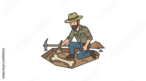 Canvastavla A male paleontologist carefully excavating a fossil bone with a brush