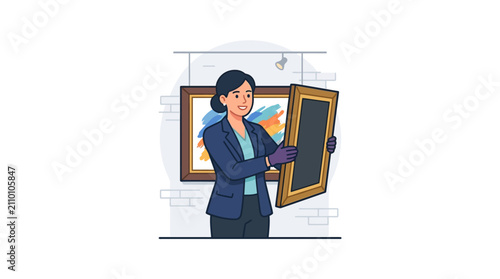 Canvastavla A woman art curator holding a framed painting in a gallery setting