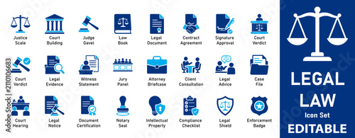 Legal and Law Icon Set. Scales of Justice, Gavel, Courthouse, Contracts, and Lawyer Symbols for Attorney Websites