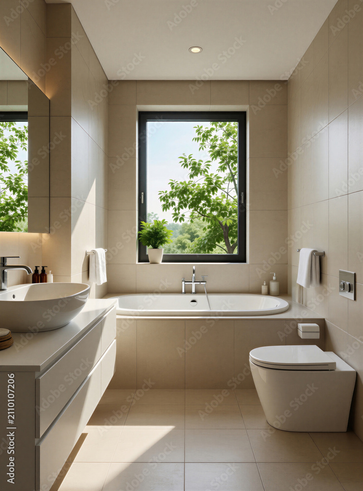 Obraz premium Bright modern bathroom with beige tiles, white bathtub. Large window shows green trees outside. Elegant sink vanity with mirror, toilet set in cozy room. Comfortable wellness space featuring natural
