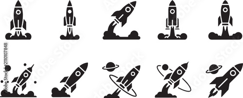 Rocket launch icons, 10 spaceship vector set, startup business signs