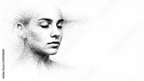 Woman's face dissolving into particles against a white background with soft lighting conceptualizing transformation and loss