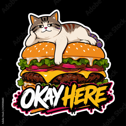Funny modern sticker with a meme cat chilling on a huge burger